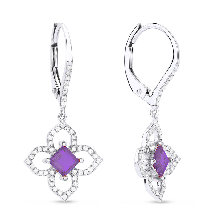 Beautiful Hand Crafted 14K White Gold 4MM Amethyst And Diamond Eclectica Collection Drop Dangle Earrings With A Lever Back Closure