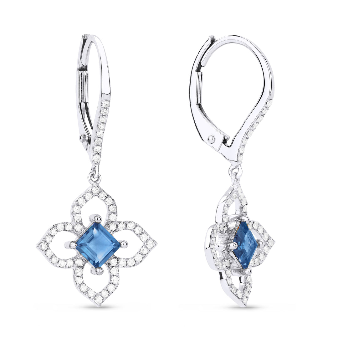 Beautiful Hand Crafted 14K White Gold 4MM Blue Topaz And Diamond Eclectica Collection Drop Dangle Earrings With A Lever Back Closure