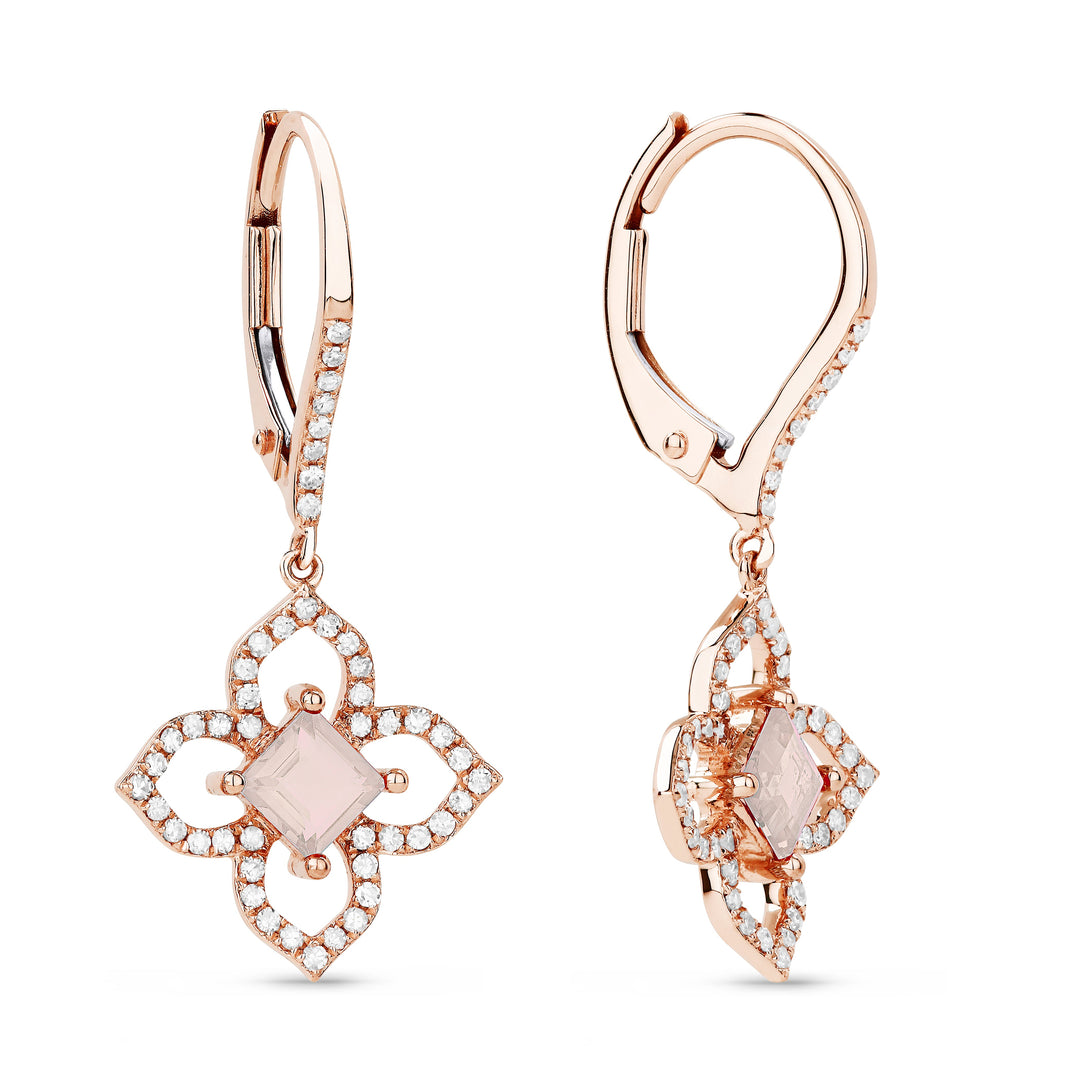 Beautiful Hand Crafted 14K Rose Gold 4MM Created Morganite And Diamond Eclectica Collection Drop Dangle Earrings With A Lever Back Closure