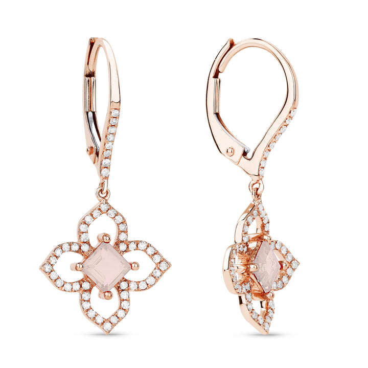 Beautiful Hand Crafted 14K Rose Gold 4MM Created Morganite And Diamond Eclectica Collection Drop Dangle Earrings With A Lever Back Closure
