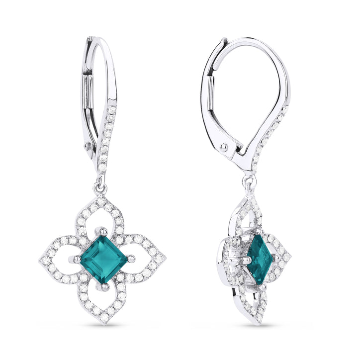 Beautiful Hand Crafted 14K White Gold 4MM Created Tourmaline Paraiba And Diamond Eclectica Collection Drop Dangle Earrings With A Lever Back Closure