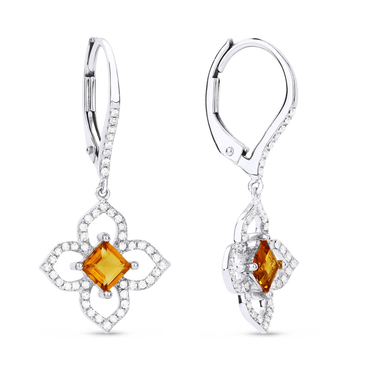 Beautiful Hand Crafted 14K White Gold 4MM Citrine And Diamond Eclectica Collection Drop Dangle Earrings With A Lever Back Closure