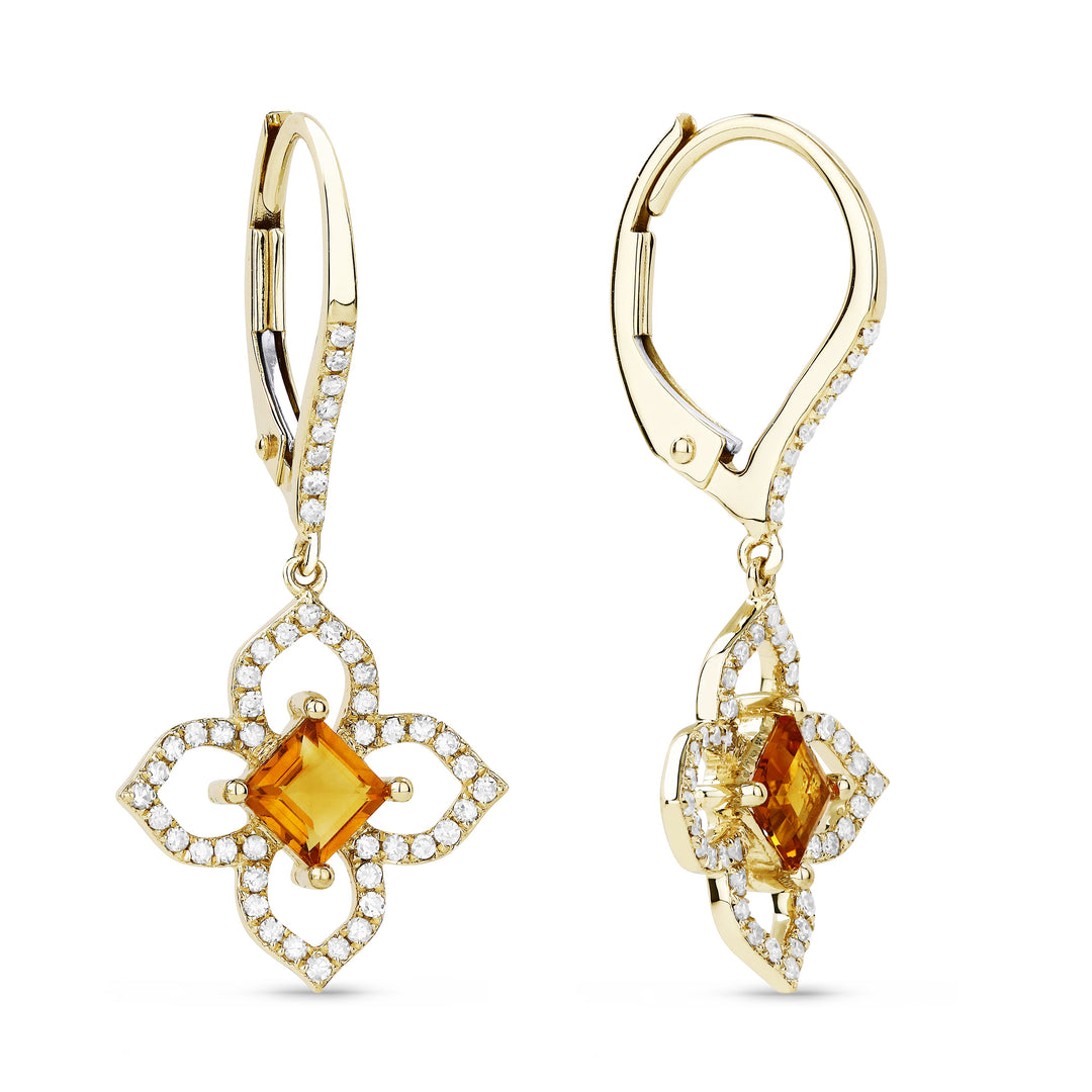 Beautiful Hand Crafted 14K Yellow Gold 4MM Citrine And Diamond Eclectica Collection Drop Dangle Earrings With A Lever Back Closure
