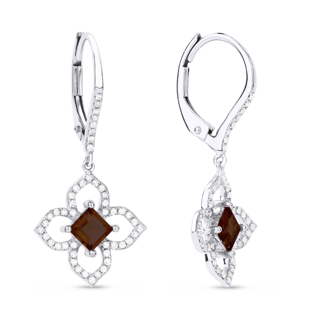 Beautiful Hand Crafted 14K White Gold 4MM Garnet And Diamond Eclectica Collection Drop Dangle Earrings With A Lever Back Closure