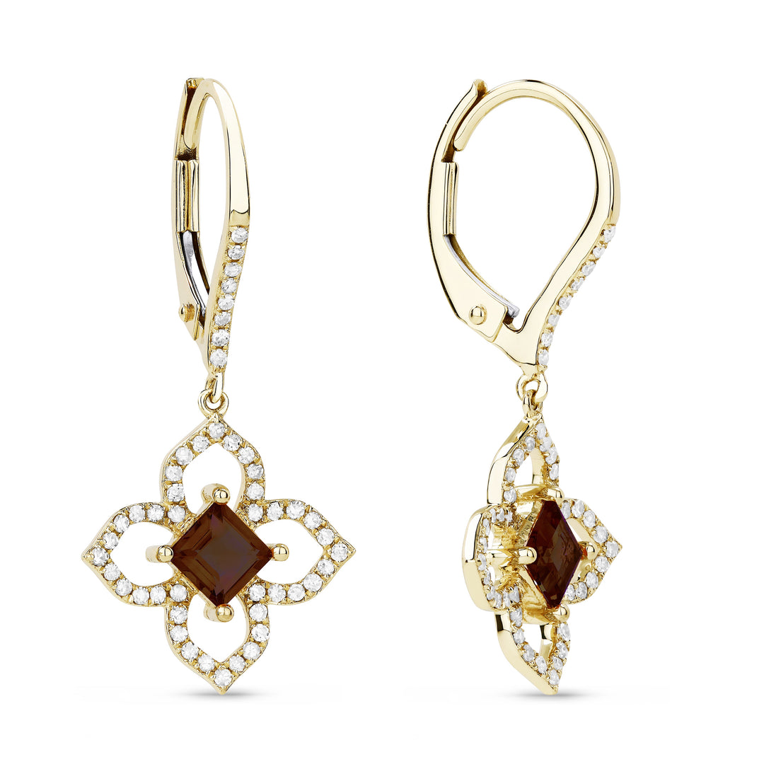Beautiful Hand Crafted 14K Yellow Gold 4MM Garnet And Diamond Eclectica Collection Drop Dangle Earrings With A Lever Back Closure