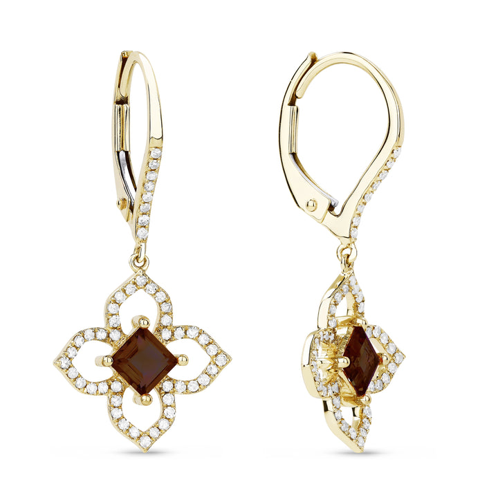Beautiful Hand Crafted 14K Yellow Gold 4MM Garnet And Diamond Eclectica Collection Drop Dangle Earrings With A Lever Back Closure