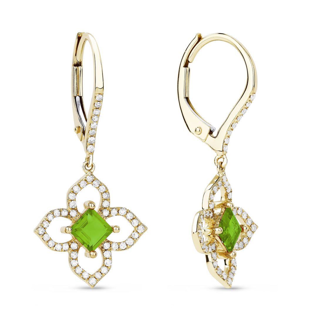 Beautiful Hand Crafted 14K Yellow Gold 4MM Peridot And Diamond Eclectica Collection Drop Dangle Earrings With A Lever Back Closure