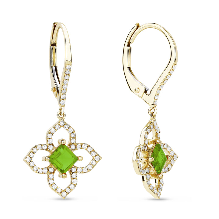 Beautiful Hand Crafted 14K Yellow Gold 4MM Peridot And Diamond Eclectica Collection Drop Dangle Earrings With A Lever Back Closure