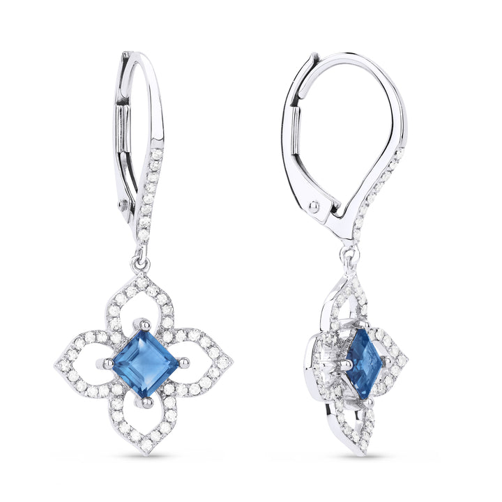Beautiful Hand Crafted 14K White Gold 4MM Swiss Blue Topaz And Diamond Eclectica Collection Drop Dangle Earrings With A Lever Back Closure