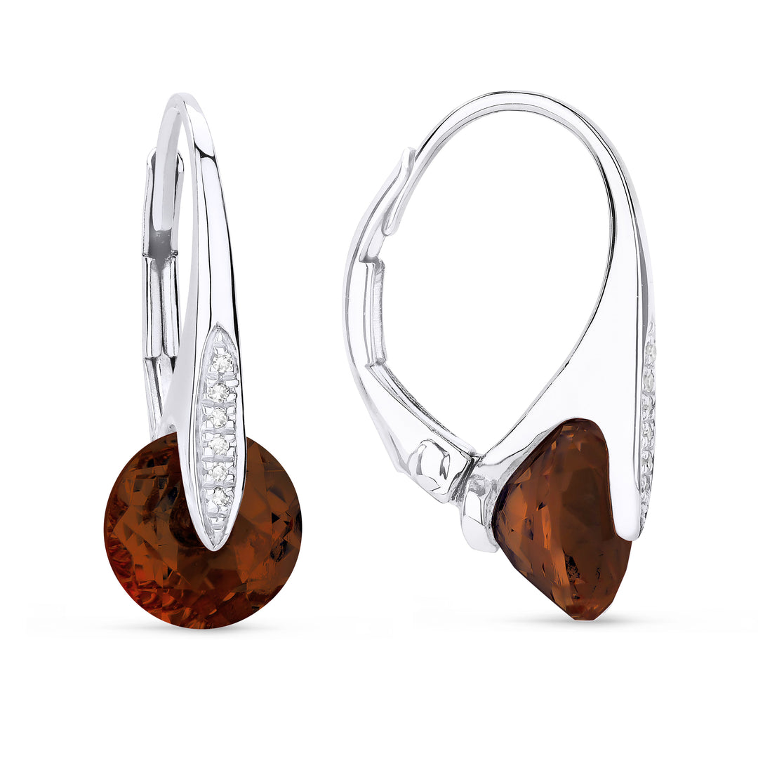 Beautiful Hand Crafted 14K White Gold 8MM Garnet And Diamond Eclectica Collection Drop Dangle Earrings With A Lever Back Closure