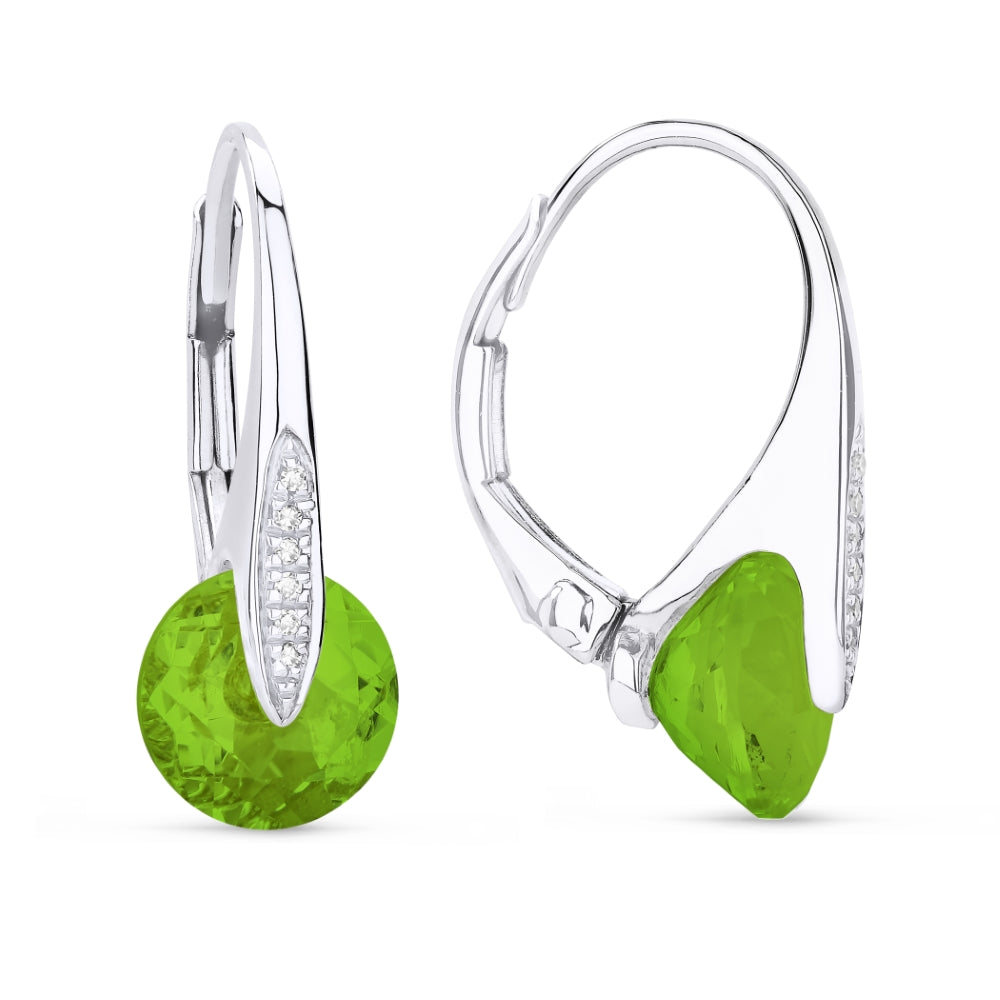 Beautiful Hand Crafted 14K White Gold 8MM Peridot And Diamond Eclectica Collection Drop Dangle Earrings With A Lever Back Closure