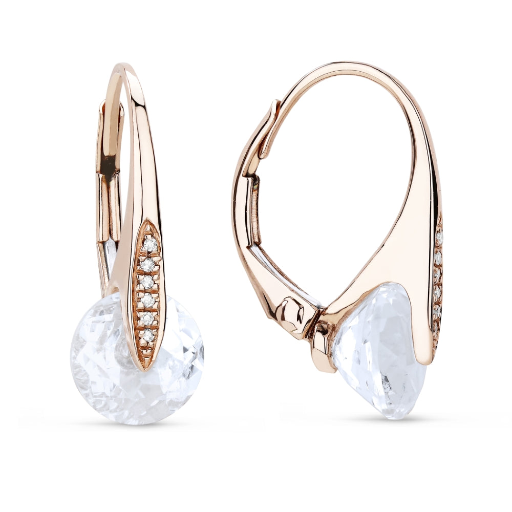 Beautiful Hand Crafted 14K Rose Gold 8MM White Topaz And Diamond Eclectica Collection Drop Dangle Earrings With A Lever Back Closure