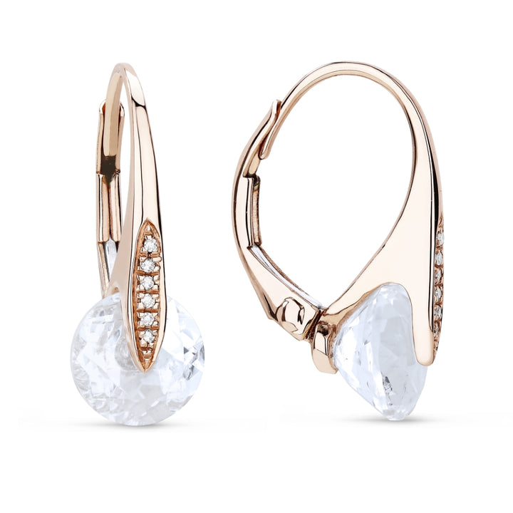 Beautiful Hand Crafted 14K Rose Gold 8MM White Topaz And Diamond Eclectica Collection Drop Dangle Earrings With A Lever Back Closure