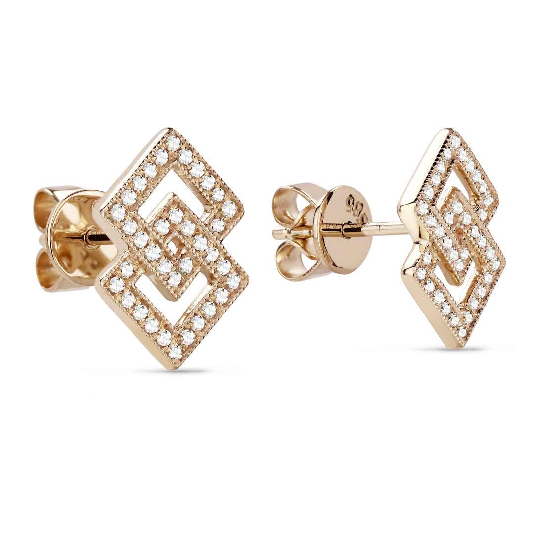 Beautiful Hand Crafted 14K Rose Gold White Diamond Milano Collection Stud Earrings With A Push Back Closure