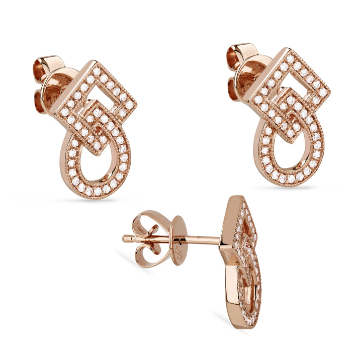 Beautiful Hand Crafted 14K Rose Gold White Diamond Milano Collection Stud Earrings With A Push Back Closure