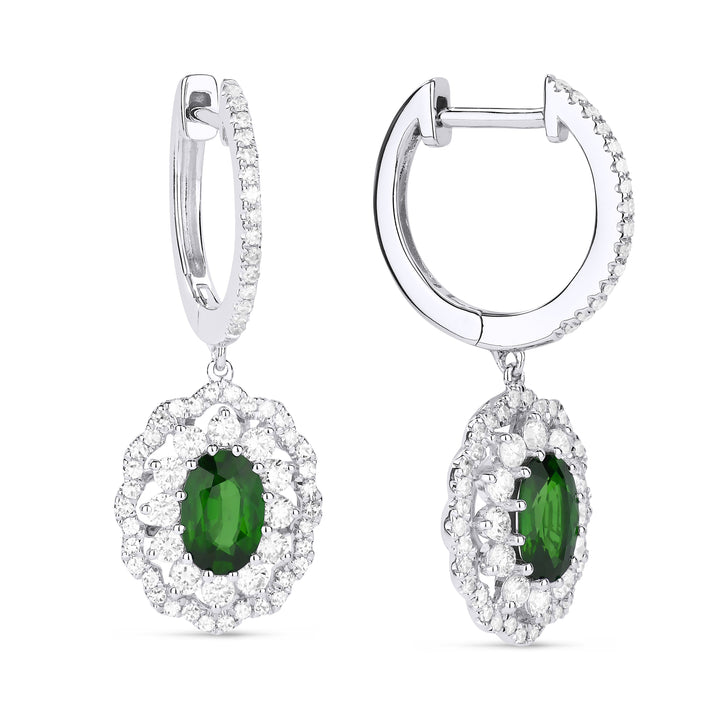 Beautiful Hand Crafted 14K White Gold 4x6MM Emerald And Diamond Arianna Collection Drop Dangle Earrings With A Lever Back Closure