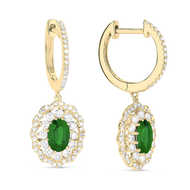 Beautiful Hand Crafted 14K Yellow Gold 4x6MM Emerald And Diamond Arianna Collection Drop Dangle Earrings With A Lever Back Closure