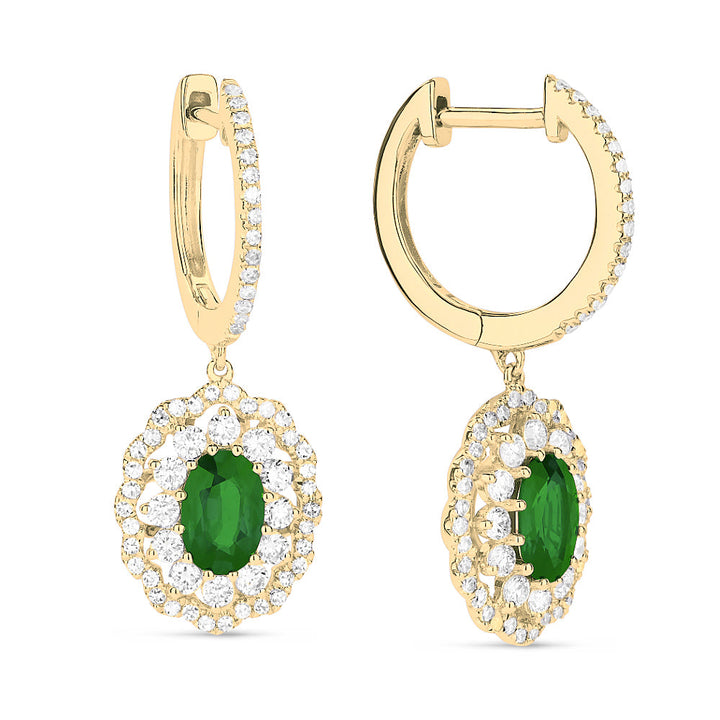 Beautiful Hand Crafted 14K Yellow Gold 4X6MM Emerald And Diamond Arianna Collection Drop Dangle Earrings With A Lever Back Closure