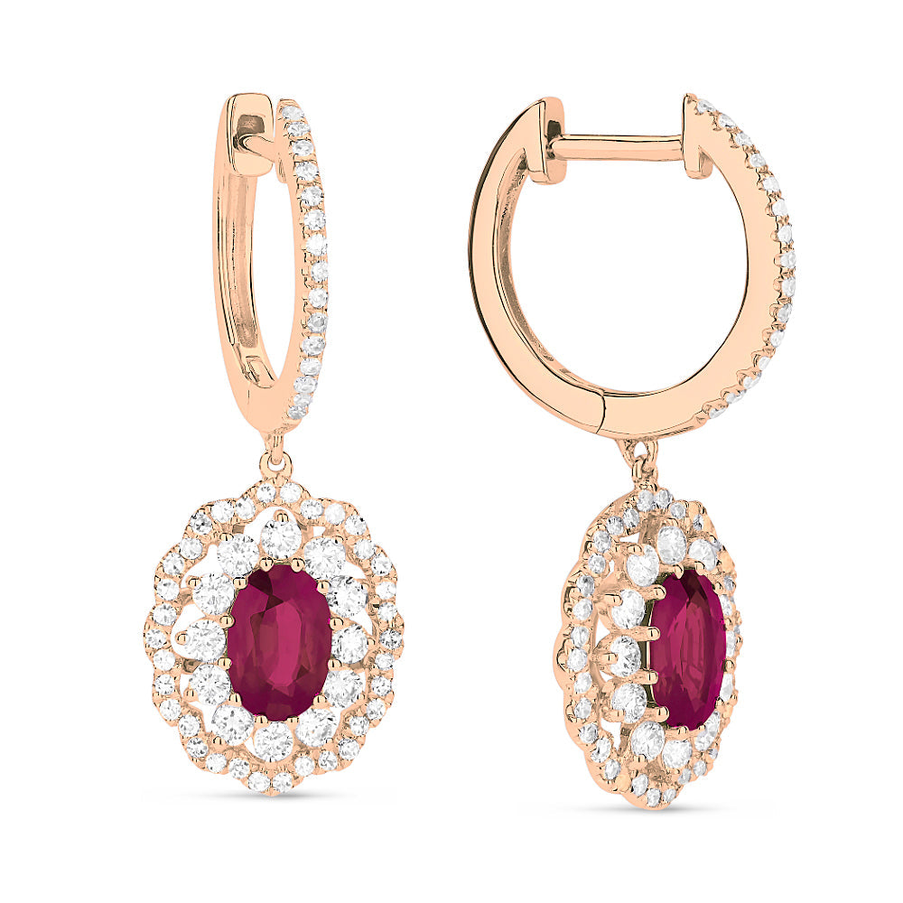 Beautiful Hand Crafted 14K Rose Gold 4X6MM Ruby And Diamond Arianna Collection Drop Dangle Earrings With A Lever Back Closure