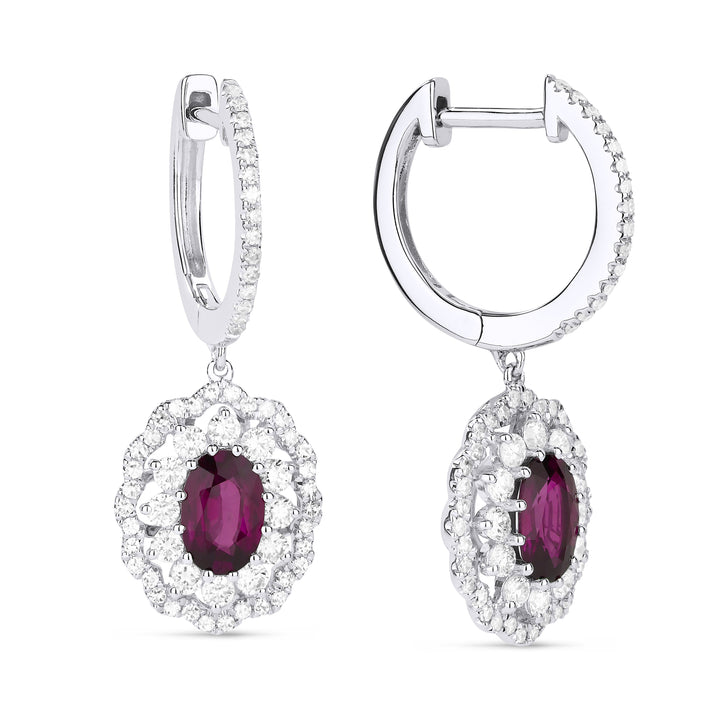 Beautiful Hand Crafted 14K White Gold 4X6MM Ruby And Diamond Arianna Collection Drop Dangle Earrings With A Lever Back Closure