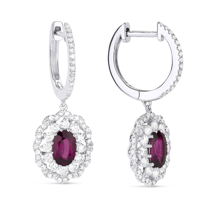 Beautiful Hand Crafted 14K White Gold 4x6MM Ruby And Diamond Arianna Collection Drop Dangle Earrings With A Lever Back Closure