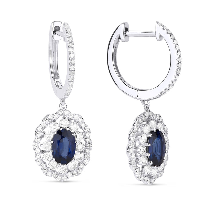 Beautiful Hand Crafted 14K White Gold 4x6MM Sapphire And Diamond Arianna Collection Drop Dangle Earrings With A Lever Back Closure