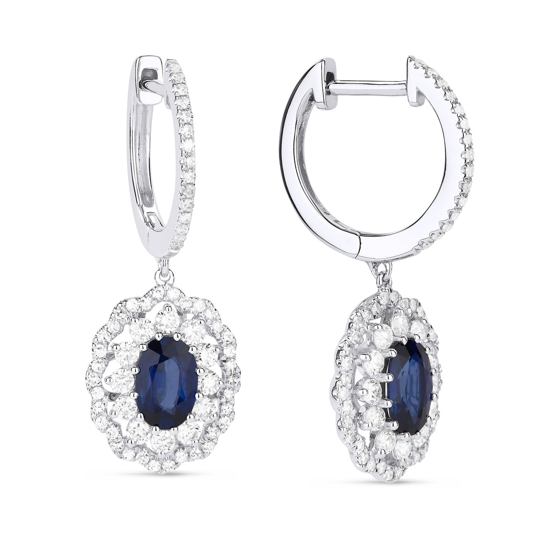 Beautiful Hand Crafted 14K White Gold 4X6MM Sapphire And Diamond Arianna Collection Drop Dangle Earrings With A Lever Back Closure