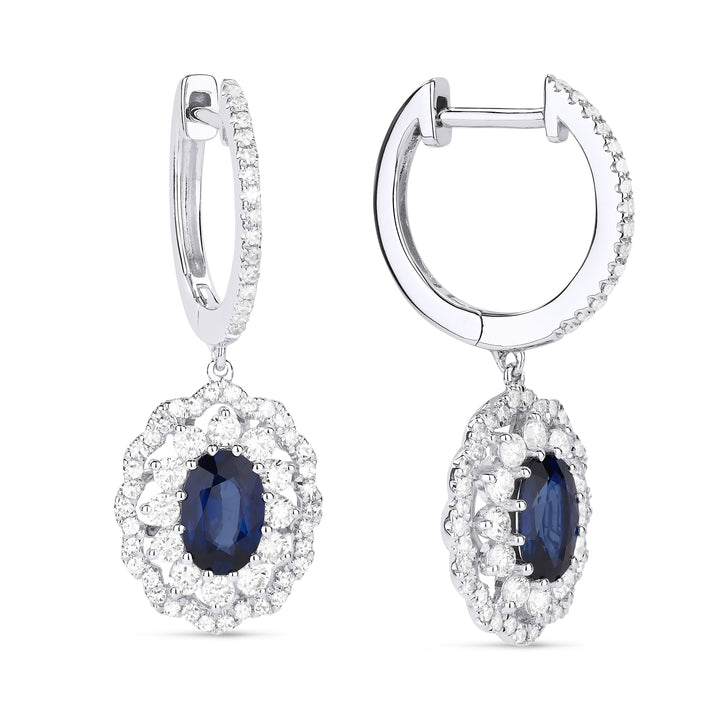 Beautiful Hand Crafted 14K White Gold 4X6MM Sapphire And Diamond Arianna Collection Drop Dangle Earrings With A Lever Back Closure