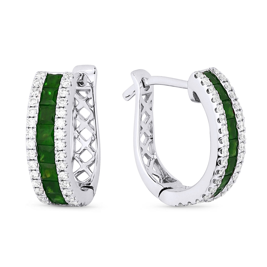 Beautiful Hand Crafted 14K White Gold 2MM Emerald And Diamond Arianna Collection Hoop Earrings With A Hoop Closure