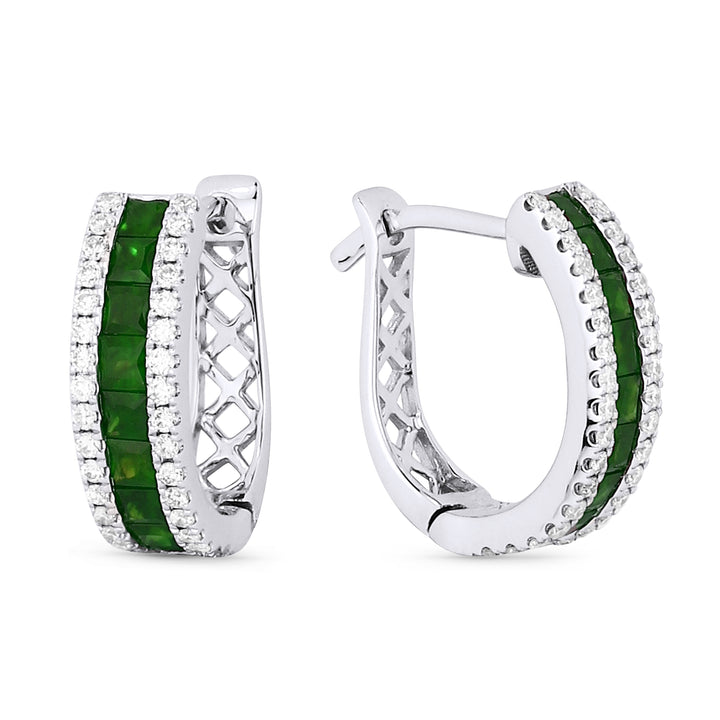 Beautiful Hand Crafted 14K White Gold 2MM Emerald And Diamond Arianna Collection Hoop Earrings With A Hoop Closure