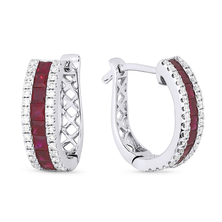 Beautiful Hand Crafted 14K White Gold  Ruby And Diamond Arianna Collection Hoop Earrings With A Hoop Closure