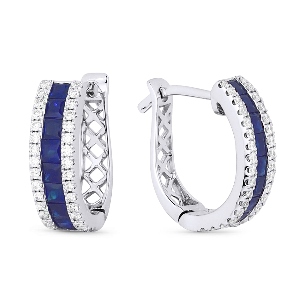 Beautiful Hand Crafted 14K White Gold 2MM Sapphire And Diamond Arianna Collection Hoop Earrings With A Hoop Closure