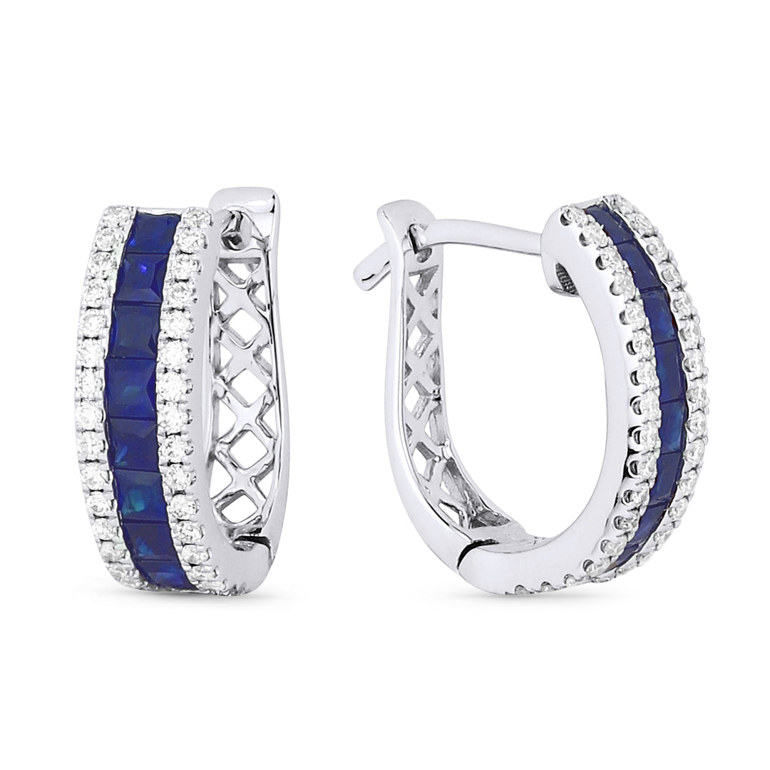 Beautiful Hand Crafted 14K White Gold 2MM Sapphire And Diamond Arianna Collection Hoop Earrings With A Hoop Closure