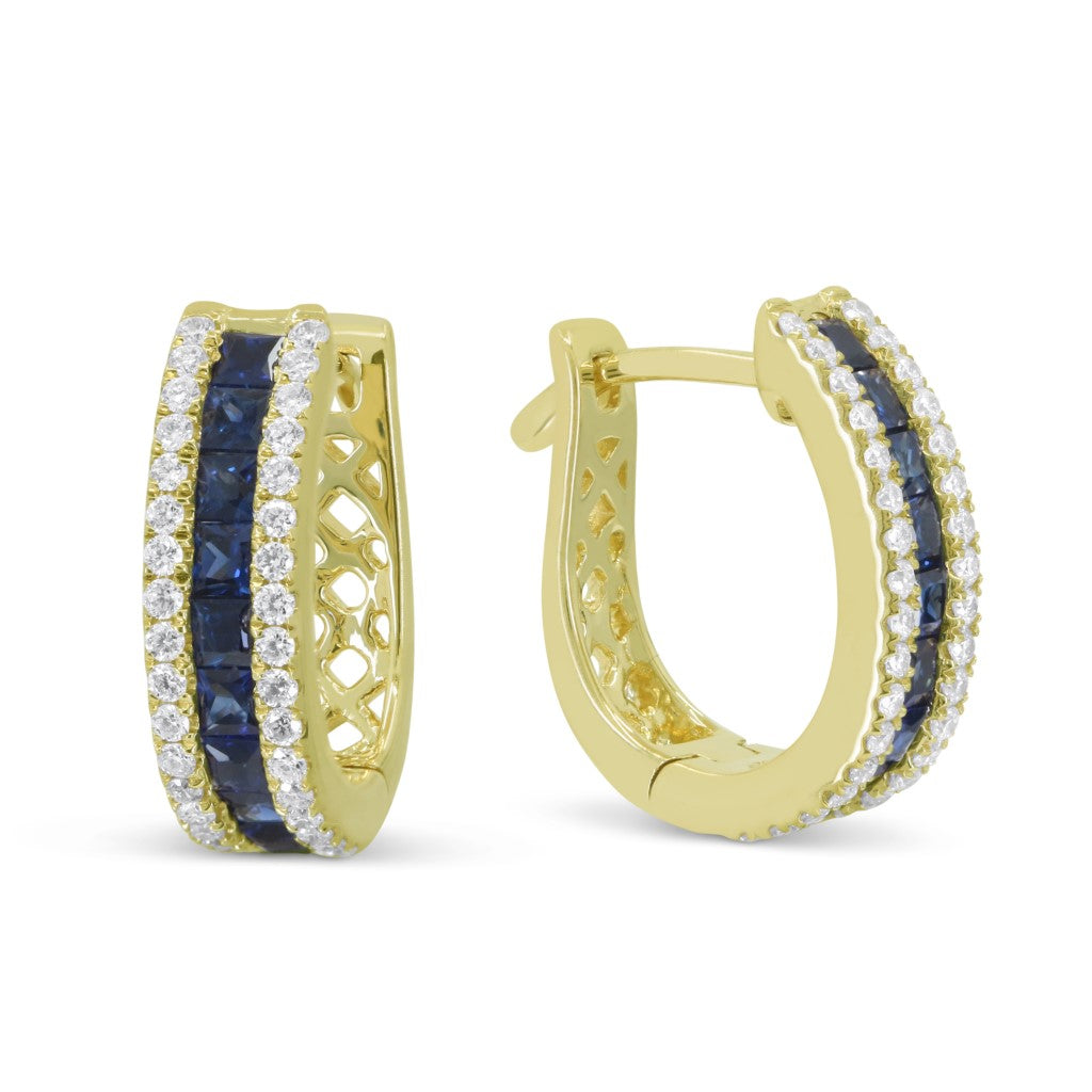 Beautiful Hand Crafted 14K Yellow Gold 2MM Sapphire And Diamond Arianna Collection Hoop Earrings With A Hoop Closure