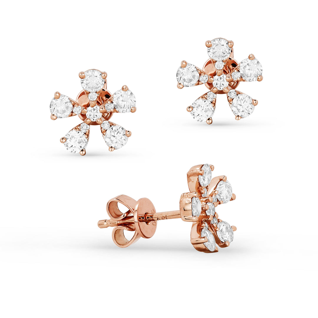 Beautiful Hand Crafted 14K Rose Gold White Diamond Milano Collection Stud Earrings With A Push Back Closure