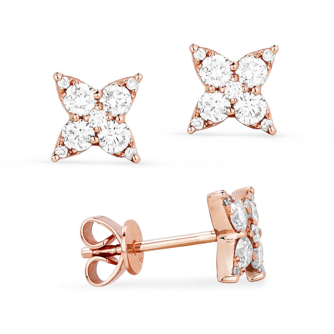 Beautiful Hand Crafted 14K Rose Gold White Diamond Milano Collection Stud Earrings With A Push Back Closure