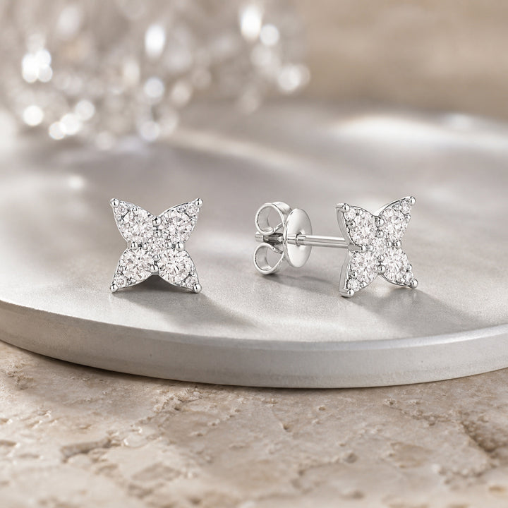 E1386 - 14K Gold Diamond Flower Stud Earrings