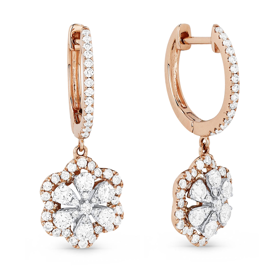 Beautiful Hand Crafted 14K Rose Gold White Diamond Lumina Collection Drop Dangle Earrings With A Lever Back Closure