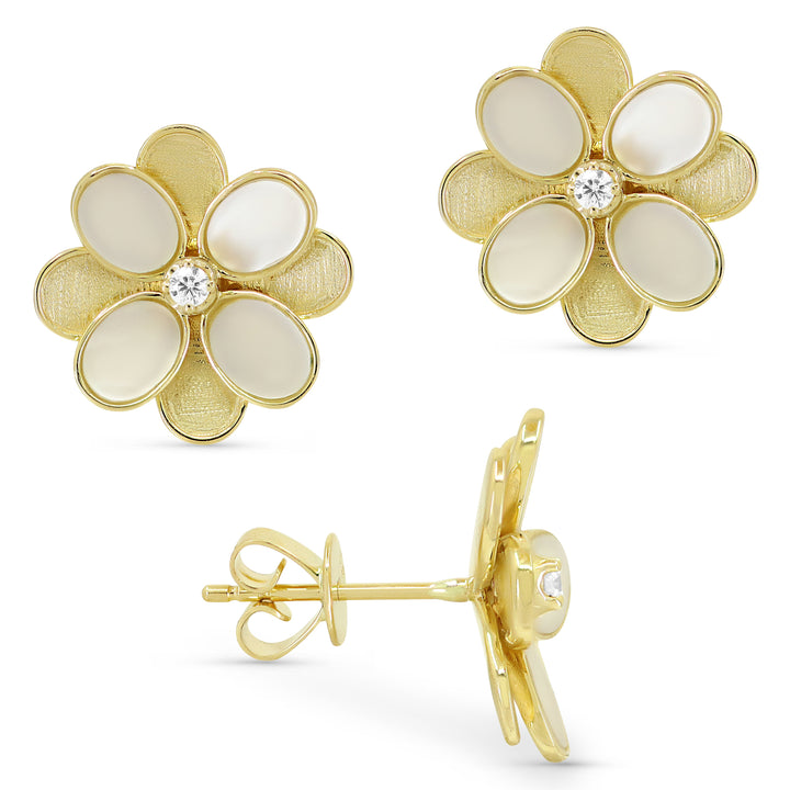 Beautiful Hand Crafted 14K Yellow Gold  Mother Of Pearl And Diamond Milano Collection Stud Earrings With A Push Back Closure