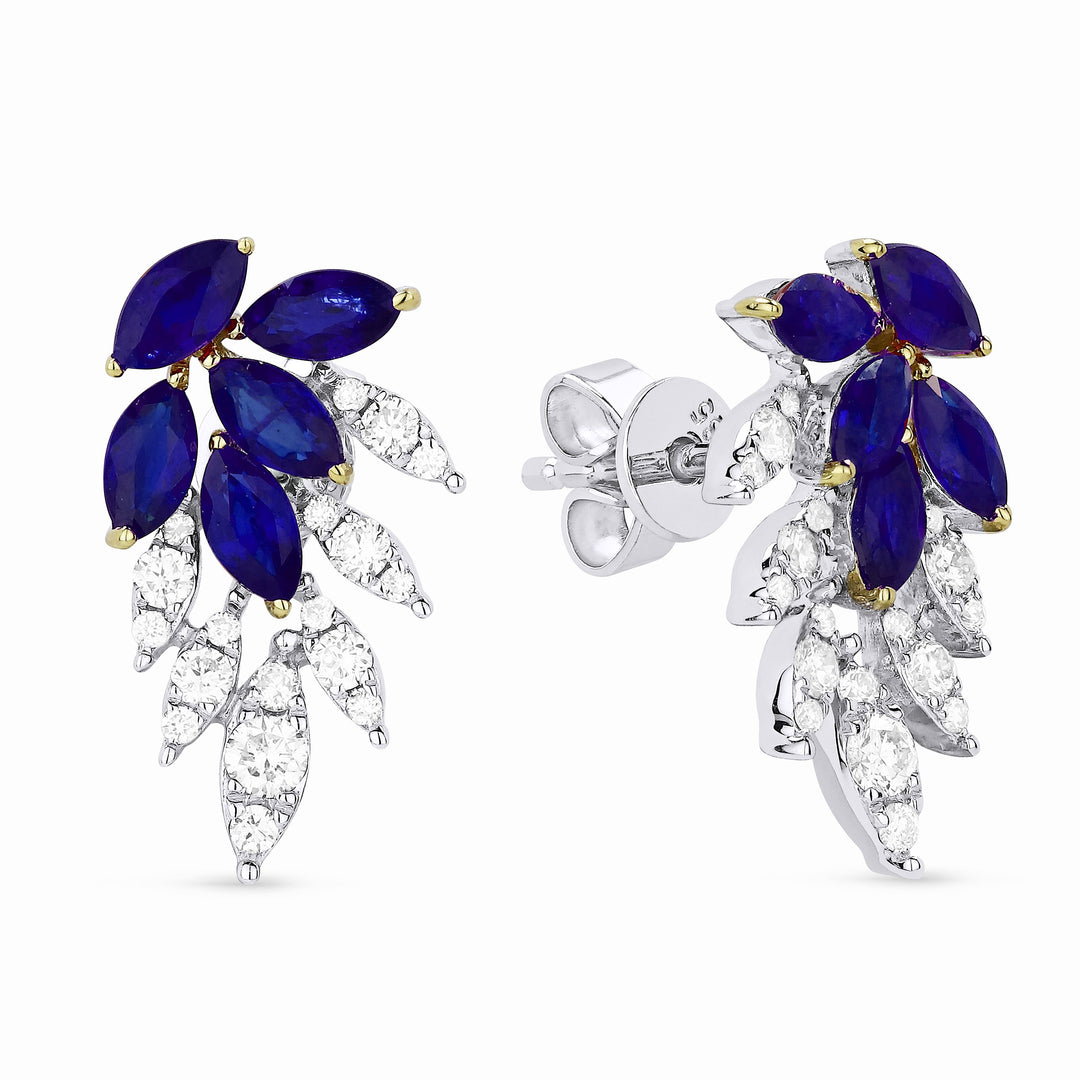 Beautiful Hand Crafted 14K White Gold  Sapphire And Diamond Arianna Collection Ear Climber Earrings With A Push Back Closure