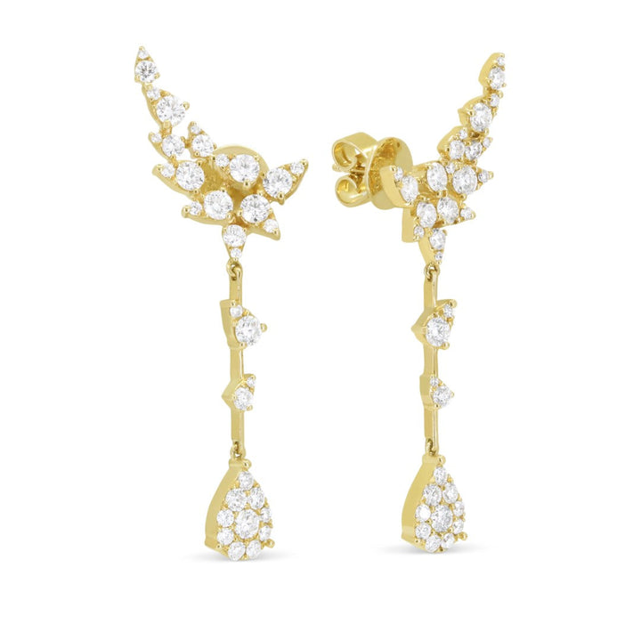 Beautiful Hand Crafted 14K Yellow Gold White Diamond Milano Collection Ear Climber Earrings With A Push Back Closure