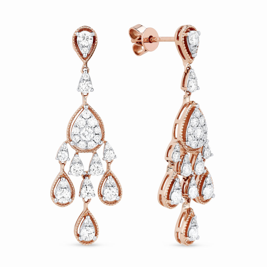 Beautiful Hand Crafted 14K Rose Gold White Diamond Milano Collection Drop Dangle Earrings With A Lever Back Closure