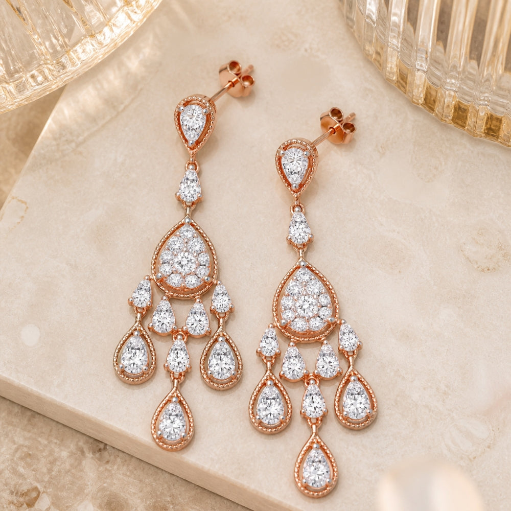 E1407 - 14K Rose Gold Diamond Cocktail Drop Earrings