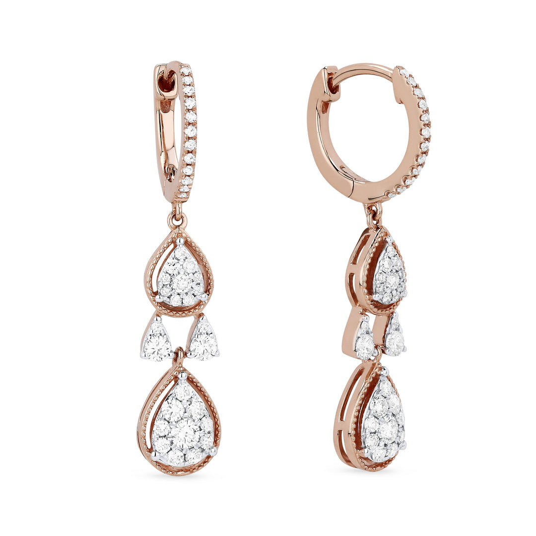 Beautiful Hand Crafted 14K Rose Gold White Diamond Milano Collection Drop Dangle Earrings With A Lever Back Closure