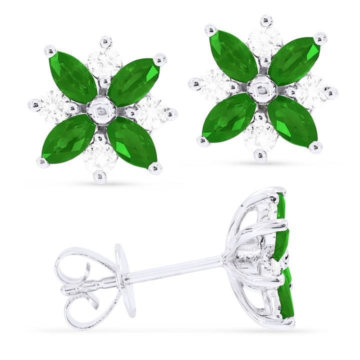 Beautiful Hand Crafted 14K White Gold 2x4MM Emerald And Diamond Arianna Collection Stud Earrings With A Push Back Closure