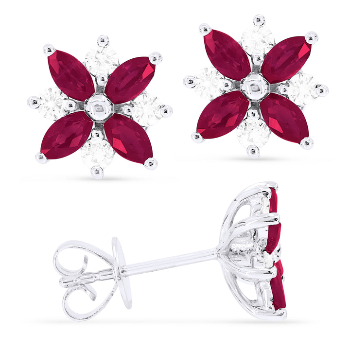 Beautiful Hand Crafted 14K White Gold 2X4MM Ruby And Diamond Arianna Collection Stud Earrings With A Push Back Closure