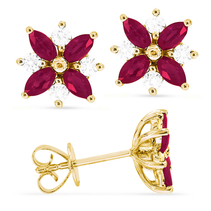 Beautiful Hand Crafted 14K Yellow Gold 2X4MM Ruby And Diamond Arianna Collection Stud Earrings With A Push Back Closure