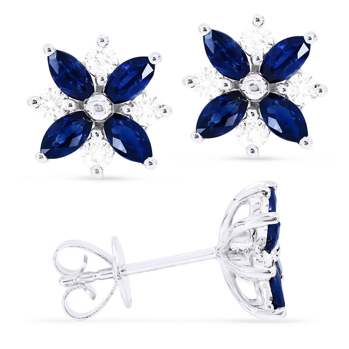 Beautiful Hand Crafted 14K White Gold 2X4MM Sapphire And Diamond Arianna Collection Stud Earrings With A Push Back Closure