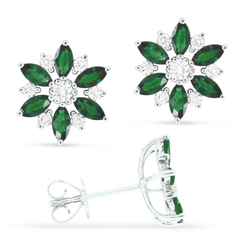 Beautiful Hand Crafted 14K White Gold 2X4MM Emerald And Diamond Arianna Collection Stud Earrings With A Push Back Closure