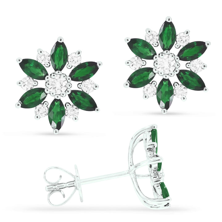Beautiful Hand Crafted 14K White Gold 2X4MM Emerald And Diamond Arianna Collection Stud Earrings With A Push Back Closure